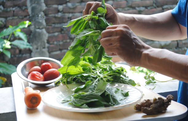 Human hand is sorting the spinach leaves from the stems.