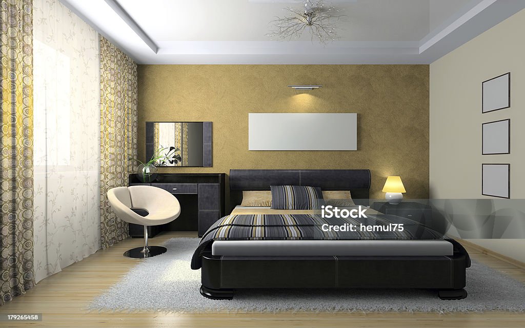 View on the stylish bedroom View on the stylish bedroom 3D rendering Apartment Stock Photo