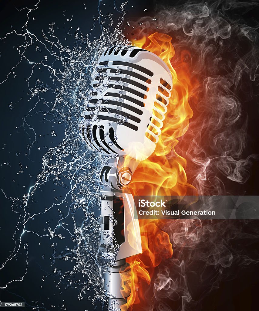 Microphone on Fire and Water Old Microphone on Fire and Water. Computer Graphics. Microphone Stock Photo