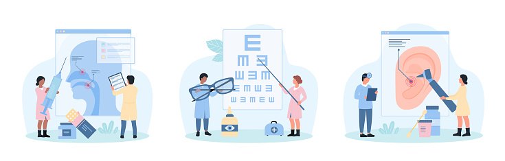 Ear and eyes, nose, and throat health set vector illustration. Cartoon tiny doctors check hearing and otolaryngology diagnosis in ENT clinic, ophthalmologists test eyesight on ophthalmology exam