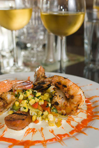 istock Grilled shrimp corn salsa cream sauce white wine 179267269