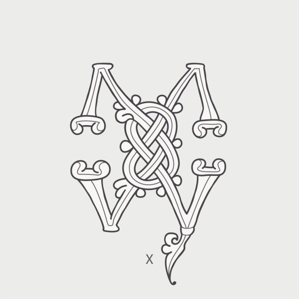 X letter logo. Medieval drop cap. Initial made of spiral Celtic pattern. Gothic illuminated calligraphy. Middle Ages heraldic ornate monogram. Gothic illuminated calligraphy. Middle Ages heraldic ornate capitals. Germanic font for pagan tattoos. celtic letter x stock illustrations