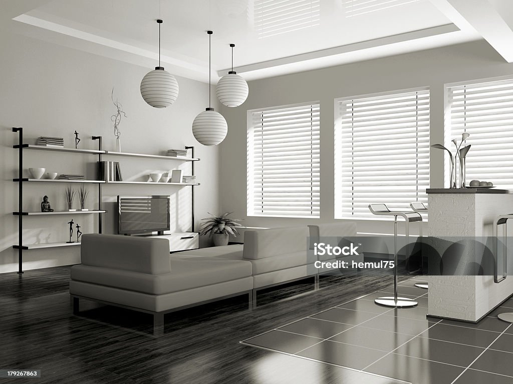 Modern interior (sepia) with sofa Window Blinds Stock Photo