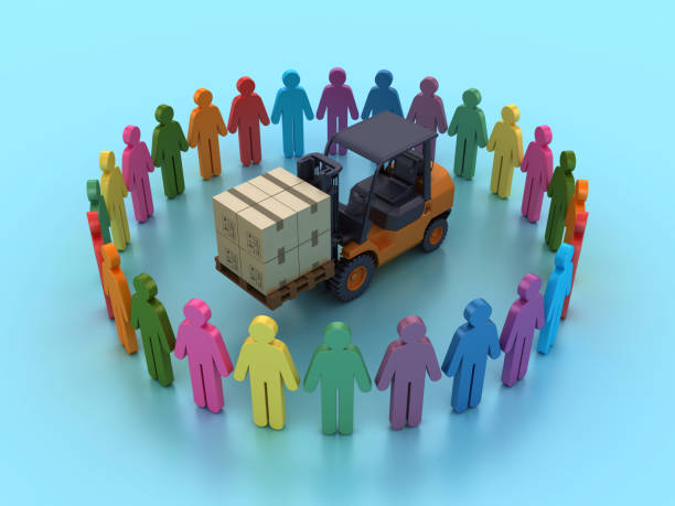 pictograma de pessoas em trabalho em equipe com empilhadeira - distribution warehouse men three dimensional shape delivering - fotografias e filmes do acervo