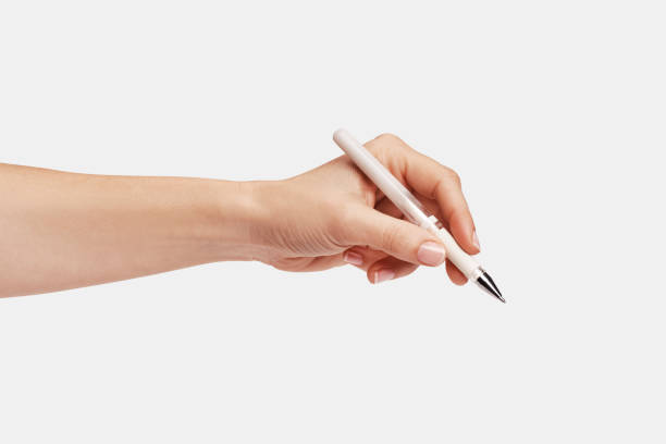 a woman's hand holding a pen Young woman's hand holding a ball point pen on white background left hand holding pencil stock pictures, royalty-free photos & images