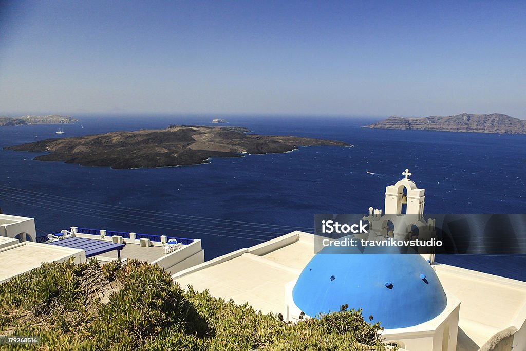 Blue famouse dome church at Firostefani on Santorini island Blue famouse dome church at Firostefani on Santorini island in Greece Aegean Sea Stock Photo