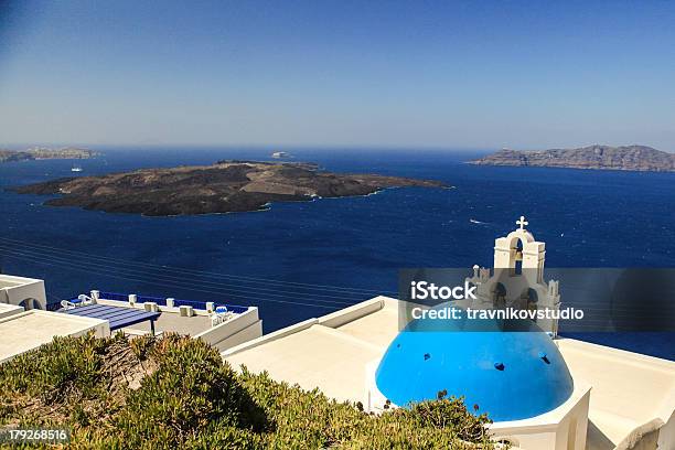 Blue Famouse Dome Church At Firostefani On Santorini Island Stock Photo - Download Image Now