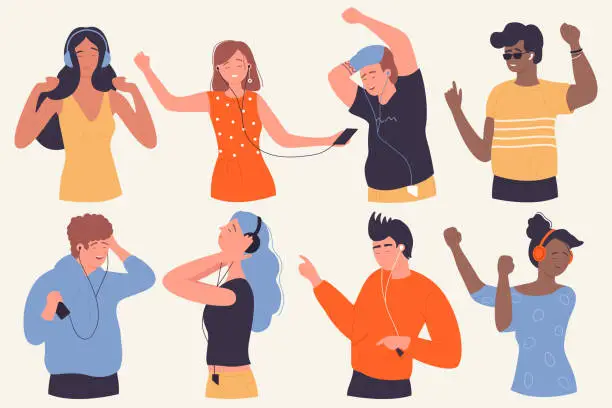 Vector illustration of People listen music with headphones set, teenagers enjoying song with different actions