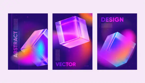 Vector illustration of A set of abstract posters with holographic cubes and gradient luminous waves. For design covers, music event. Vector futuristic retro poster, flyer, A4 format.