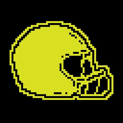 Safety helmet Pixel silhouette icon with grille mask for playing American football. Protecting the athlete from injury. Black and yellow vector