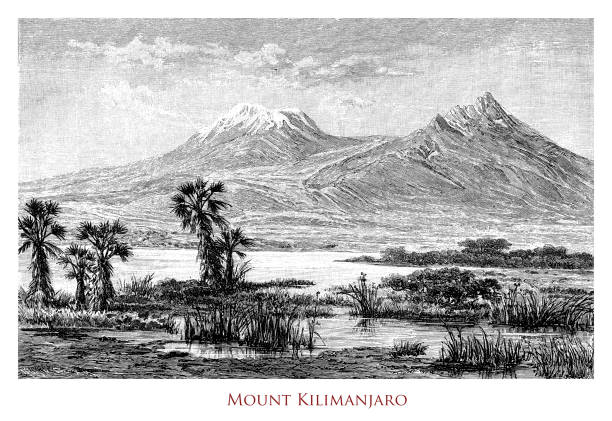 schöne aussicht auf den schlafenden vulkan kilimandscharo in tansania, den höchsten berg afrikas in isolierter lage und mit einem äquatorialen gletscher aus schnee und eis auf dem gipfel - schichtvulkan stock-grafiken, -clipart, -cartoons und -symbole