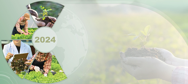 Sustainable development goals of Agro businesses in 2024 concept. Panoramic banner with copy space.