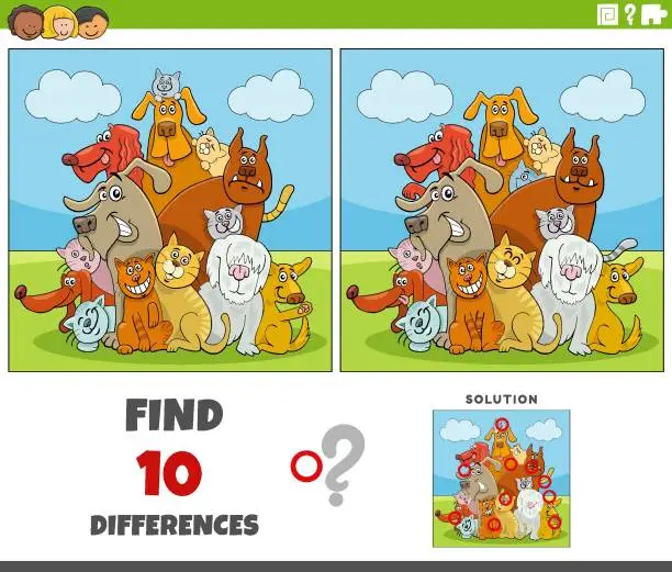 Vector illustration of differences activity with cartoon cats and dogs animal characters