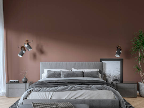 istock Front view of a luxury bedroom with windows and decoration 1792717020