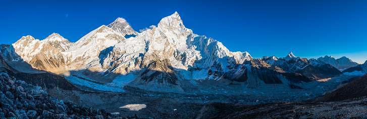 Mt. Everest and Nuptse overlooking Everest Base Camp and the Khumbu Glacier high in the Himalayan mountains of Nepal.