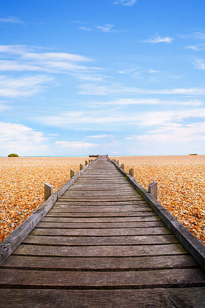 ボードウォークペブルビーチリドオンシーロムニーマーシュケントイングランド垂直水平 - romney marsh ストックフォトと画像