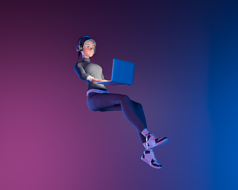3D cartoon character floating in air while using a laptop, illuminated by neon light. 3d Rendering