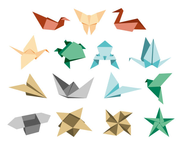 istock Origami Folded Paper Shapes: Bird, Crane, frog, butterfly, box, tulip. Flat Illustration Set Collection. Black silhouette icon 1792750532