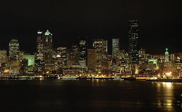 Seattle Washington cityscape from the puget sound at nighttime