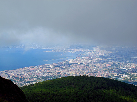 The view on Napoli from Volcano Vesuvius in the fog