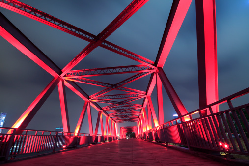 Dublin, Ireland - Wide angle view of the Samuel Beckett Bridge over the River Liffey at sunset in Dublin, Ireland.