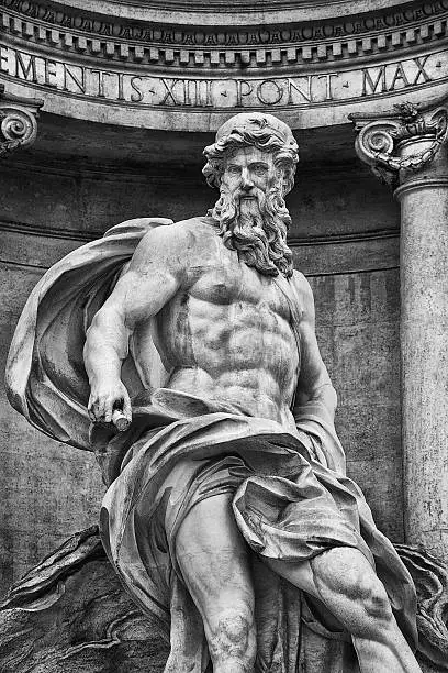 Detail of the Trevi Fountain, which is a fountain in the Trevi district in Rome, Italy. Standing 26.3 metres high and 49.15 metres wide, it is the largest Baroque fountain in the city and one of the most famous fountains in the world