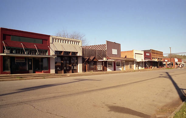 A landscape shot of stores in an abandoned town stock photo