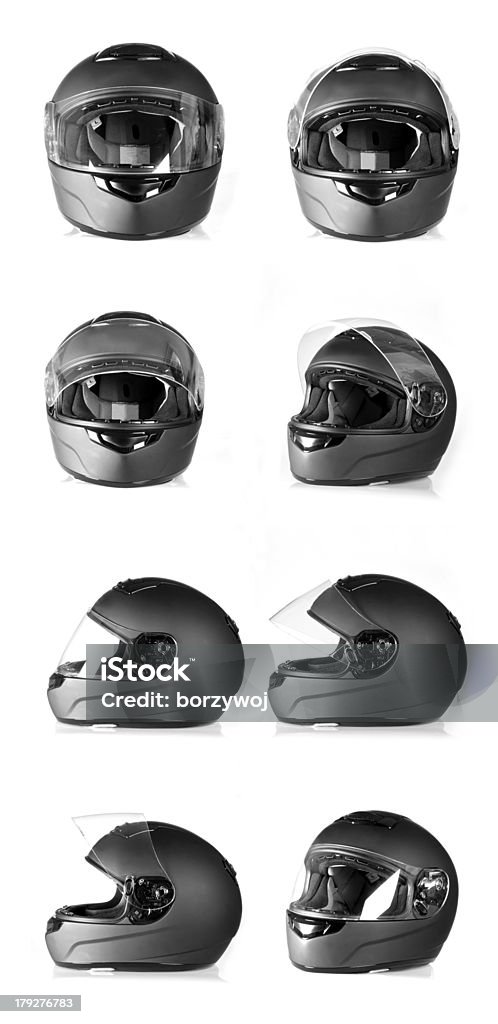 Black motorcycle helmet Set of black, flip-up visor motorbike helmet. Side, front and angle view. Crash Helmet Stock Photo