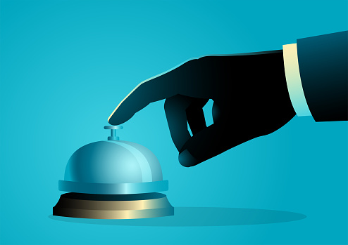 Close-up of businessman’s hand pressing concierge bell, vector illustration