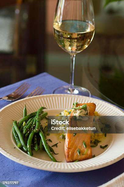 Wine And Salmon Stock Photo - Download Image Now - Seafood, White Wine, Dinner