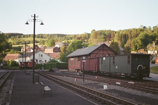 Steinbach, Germany - June 03, 2023: view of small train station in Ore mountains - analog
