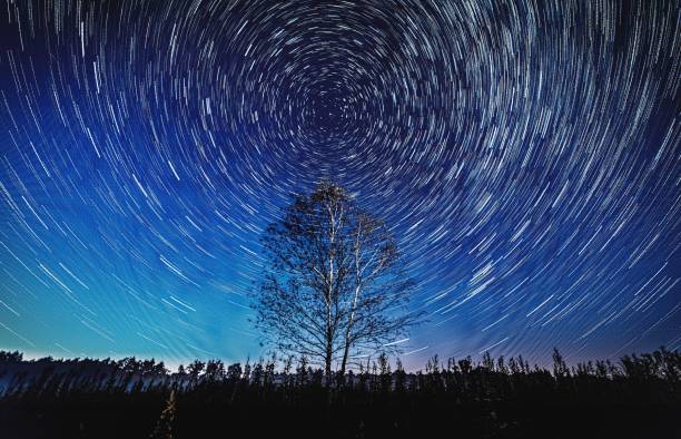istock Nighttime scene featuring a star trail above a tree-filled forest, with the sky in the background 1792794206