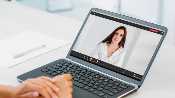 istock Video chat virtual interview woman laptop screen 1792800062