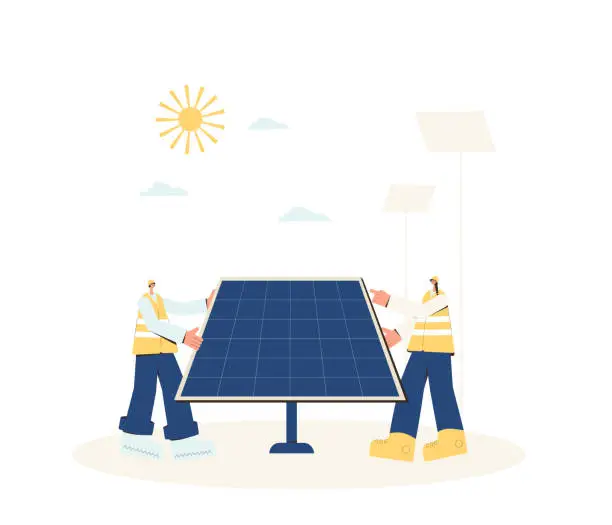 Vector illustration of Solar energy system installing. Provide upgrades solar modules. Field service technician. Scene with workers and panels. Renewable alternative electricity. Sustainable development. Vector illustration.