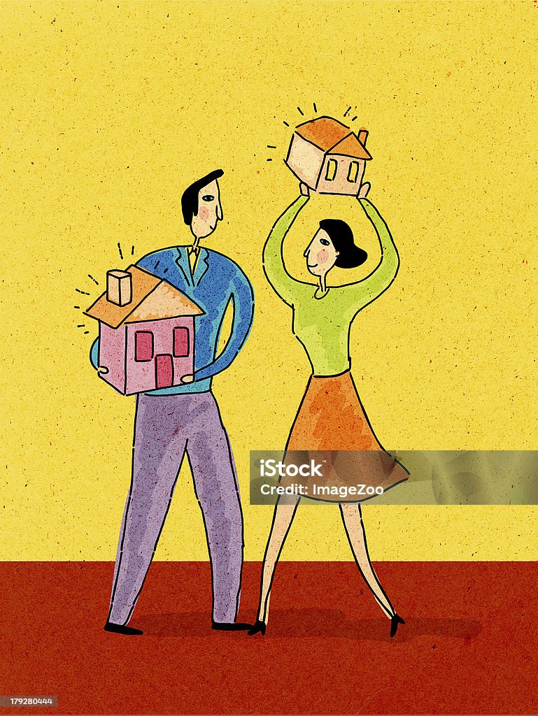 Homem e mulher a segurar em suas mãos casas - Royalty-free Adulto Ilustração de stock