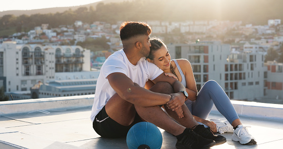 Fitness, couple for sports exercise, workout or training together in the city outdoors. Happy woman and man in social conversation, communication or talking after cardio exercising