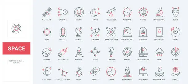 Vector illustration of Space research thin black and red line icons set, interstellar mission and shuttle