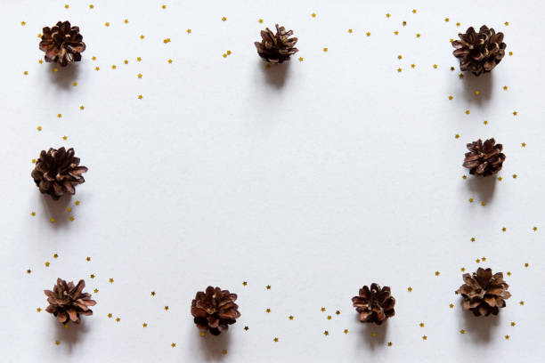istock Happy new year frame. Card banner with three Christmas cones. Light background. Mockup. 1792809361