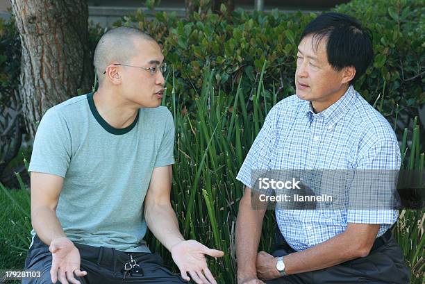 Father And Son Talking In A Garden Stock Photo - Download Image Now - Discussion, Serious, Talking