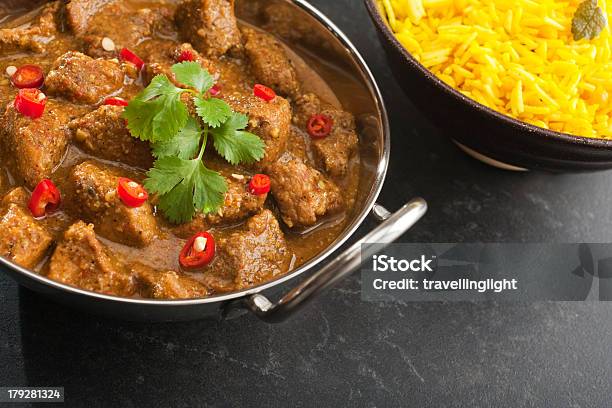 Indian Curry Meal Cuisine Meat Pork Vindaloo Balti Lemon Rice Stock Photo - Download Image Now