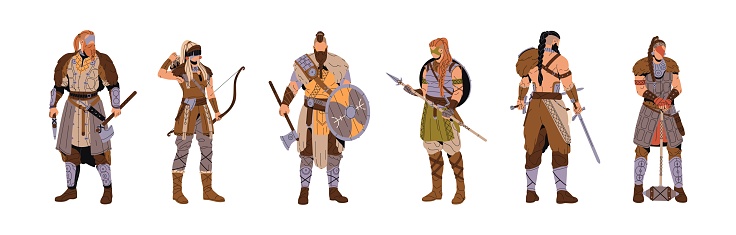 Vikings in armor with weapon set. Ancient barbarian soldiers hold sword, shield. Medieval nordic warriors. Scandinavian people in animal skins. Flat isolated vector illustration on white background.
