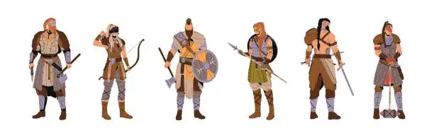 Vector illustration of Vikings in armor with weapon set. Ancient barbarian soldiers hold sword, shield. Medieval nordic warriors. Scandinavian people in animal skins. Flat isolated vector illustration on white background
