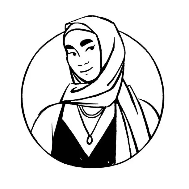 Vector illustration of Muslim woman in hijab, in contour circle. Arab female character in headscarf, Islam headdress. Girl in Moslem scarf face avatar, head portrait in round. Outline isolated vector illustration on white