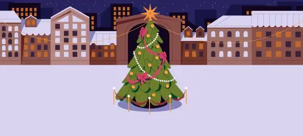 Vector illustration of Christmas tree on city square panorama. Decorated xmas firtree, building exterior, facade. Empty urban street, deserted snow town. New year holiday outdoor, winter evening. Flat vector illustration