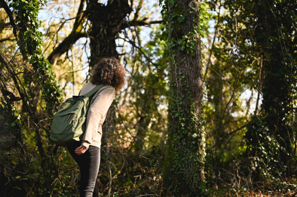 istock rear view of a woman with backpack exploring nature in a forest. 1792822091