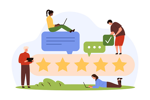 Customer review vector illustration. Cartoon tiny people rate clients experience in survey, give 5 stars in positive feedback comment online, excellent choice and satisfaction of satisfied characters