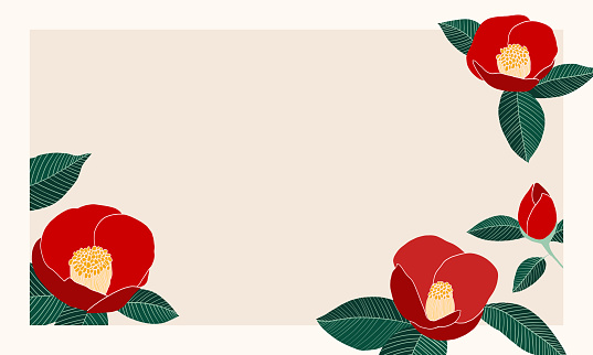 Red camellia flower and leaves botanical painting. Hand-drawn vector illustration. Floral invitation card design.