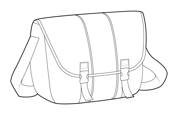 Vector illustration of Courier Messenger Bag silhouette. Fashion accessory technical illustration. Vector satchel front 3-4 view for Men
