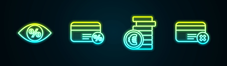 Set line Eye with percent, Discount card, Coin money euro symbol and Credit remove. Glowing neon icon. Vector