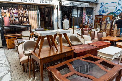 Istanbul, Turkey, th of October 2023, Furniture at an Antique shop in the street of Çukurcuma neighborhood,
